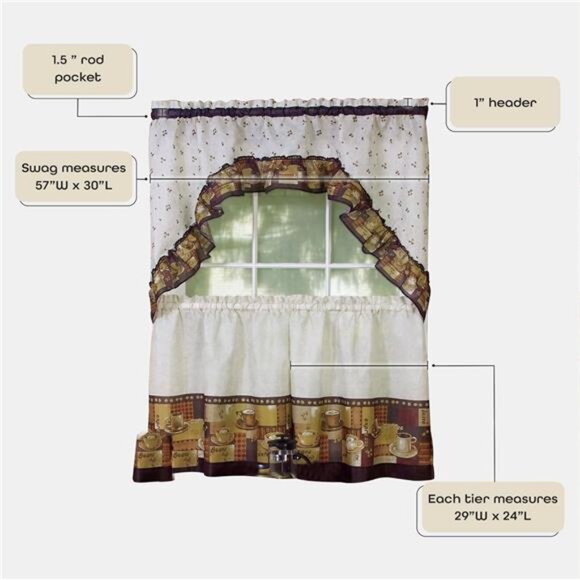 Embellished Tier and Swag Window Curtain Set - 57 Inch Width, 24 Inch Length - Picture 5 of 7